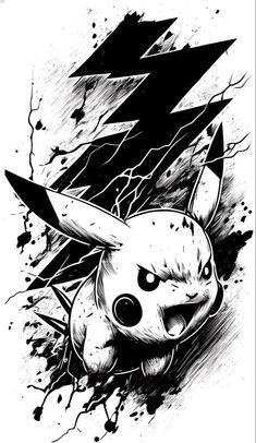 an ink drawing of a pikachu with lightning bolt in the background and black paint splattered on it