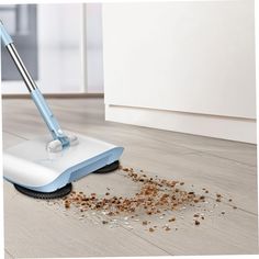 a blue and white mop is laying on the floor next to some brown seeds