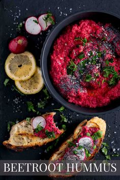 Beetroot hummus in a black bowl with toasted bread and lemon slices on the side. Cooked Beetroot, Healthy Dip Recipes, Beetroot Hummus, Christmas Recipes Appetizers, Healthy Dips, Homemade Hummus