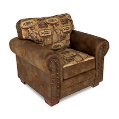 a brown leather chair with an ornate pattern on it