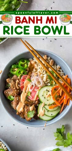 Looking for the best side dish for dinner tonight? This Banh Mi Rice Bowl is made with pork tenderloin, pickled veggies, brown rice, and sriracha mayo. Pin this easy dinner recipe for the family! Hahn Mi Bowl, Ban Mi Bowl, Kabob Bowl, Dinner For Teens, Main Meal Salads, Nutritious Bowls, Bahn Mi Bowl, Pork Rice Bowl Recipe, Yum Bowls