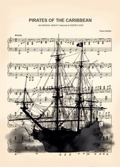 an old pirate ship with music notes on it's back side and the words pirates of the caribbean