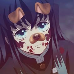 an anime character with blue eyes and long black hair, wearing a dog nose mask