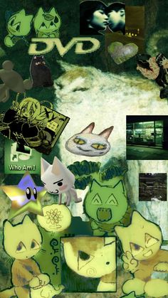 a collage with many different pictures and words on it, including cats in the background