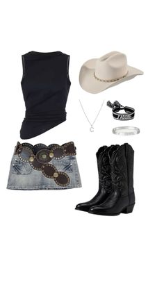 a woman's outfit with cowboy boots and hat