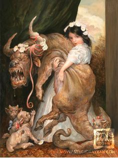 a painting of a woman sitting on top of a giant animal next to other animals