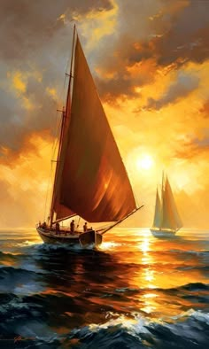 Sunset Boat Painting, Ship Oil Painting, Ocean Canvas Painting, Oil Painting Sea, Sailing Painting, Ocean Landscape Painting, Sail Ship, Navi A Vela, Boat Drawing