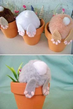 three stuffed animals sitting in flower pots on a table, one is white and the other is brown