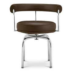 an office chair with a brown seat and chrome frame, viewed from the front view