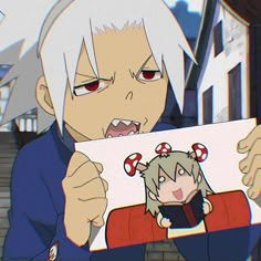 an anime character holding up a piece of paper