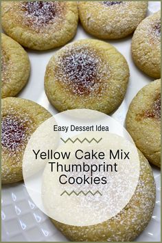 yellow cake mix thumbprint cookies on a white plate with the words easy dessert idea