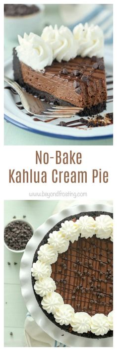 no - bake kahlua cream pie with chocolate frosting and whipped cream on top