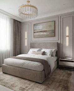 a large bed sitting in a bedroom under a chandelier next to a window