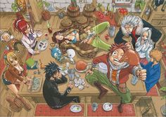 a group of people sitting around a kitchen table with anime characters on the counter top