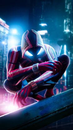 an animated spider - man character in the city at night with his hands on his face