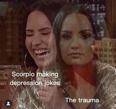 two women are laughing and one is holding a microphone with the caption'virgo always being a super smart the lonelyly cracked inside them