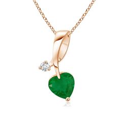 An emerald in the shape of a heart is prong set in 14k rose gold. Enhancing its vivid green beauty is a twinkling diamond studded at the end of the twist bale. The diamond lends a charming effect to this adorable emerald heart necklace pendant. Emerald Pendant, Emerald Necklace, Green Beauty, Fine Jewellery Necklace, Heart Pendant Necklace, Diamond Studs, 18k Rose Gold, Necklace Pendant, Heart Necklace