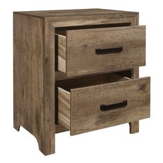 the two drawers are made from wood and have handles on each side, with one drawer open