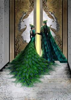 two women dressed in peacock outfits stand on the steps to an ornate doorway, holding hands