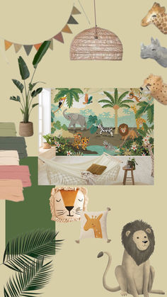 an animal themed room is shown in pastel colors and features jungle, giraffe, zebra, lion, monkey