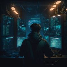 a man standing in front of multiple computer monitors at night, with the lights on