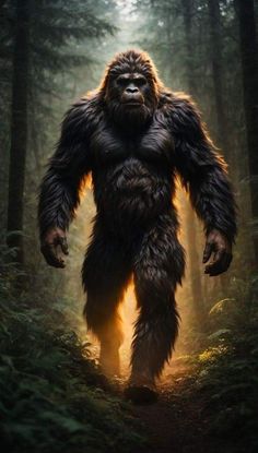 a bigfoot standing in the middle of a forest with sunlight coming from behind it