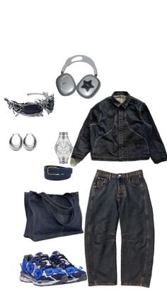 an assortment of clothing and accessories including sunglasses