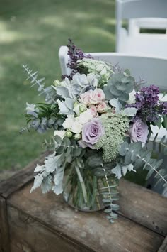 three different pictures of flowers and greenery in vases on a wooden table outside