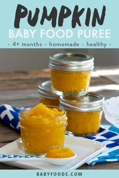 pumpkin baby food puree in small jars on a plate