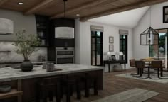 an open concept kitchen and dining room with wood flooring is shown in this rendering