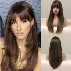 PRICES MAY VARY. 【Premium Material】: Adopt 100% Japanese Kanekalon synthetic fiber,it's not only soft and full,but also natural and bouncy. The hair looks more beautiful.No tangle, no shedding,no strange smell long brown wigs, can be straightened and restyled as your like（150℃/300℉）. 【Style and Benefits】:This long straight layered wig is soft, full, and thick. 26 inches long Wig with bangs is suitable for any face shape. Stylish appearance helps you change your style and become more confident an Long Wig With Bangs, Straight Layered Wig, Layered Wig With Bangs, Long Straight Layers, Layered Wig, Natural Hair Wigs, Ombre Brown, Wig With Bangs, Brown Wig