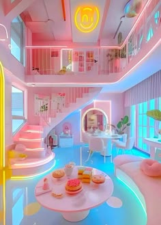 a room with pink and blue walls, white furniture and neon lights on the ceiling