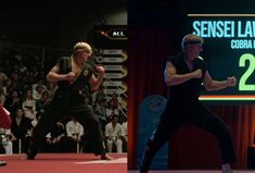 two men are performing martial moves in front of an audience at the same time,