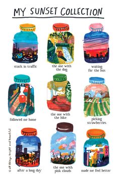 a poster with many different types of jars and words on it's front cover