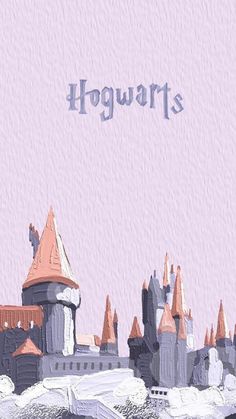 the hogwart's castle is painted in pastel pink and grey colors with an inscription above it