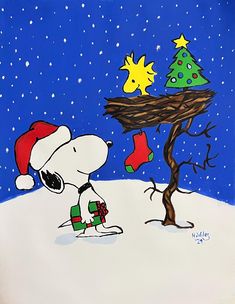 a painting of a snoopy christmas scene with a tree and stocking hanging from it's branches