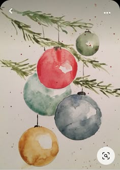 a watercolor painting of christmas ornaments hanging from a tree