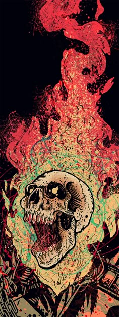 a drawing of a skull with flames coming out of it