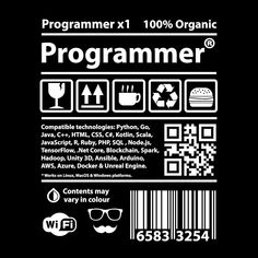 a black and white poster with barcodes on the back of it that says,'programmer '