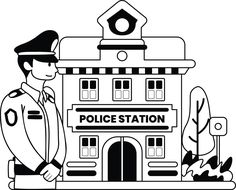 a police station with a man in uniform standing next to the building that says police station