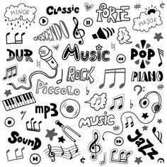 various hand drawn music and musical symbols in black and white, on a white background