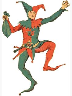 an illustration of a man dressed as a jester with his arms out and hands in the air