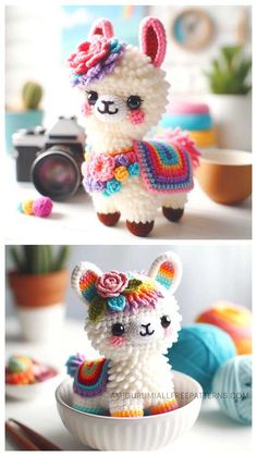 there are two pictures of llamas made out of crochet