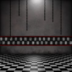 an empty room with black and white checkered flooring, chandelier and lights