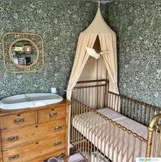 a baby crib in a room with green wallpaper and a canopy over the crib