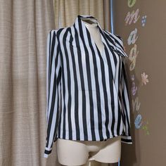 Hi-Low Cross Over Blouse. Striped Long Sleeve Party Blouse, Striped V-neck Blouse For Work, Chic Striped Office Blouse, Chic Striped Formal Tops, Chic Formal Striped Tops, Elegant Striped Tops For Office Wear, Black And White Tops For Spring Workwear, Black And White Tops For Workwear In Spring, Black And White Tops For Work In Spring