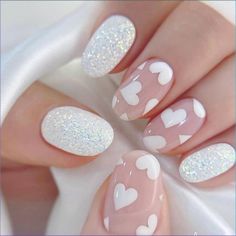 24 Easy Valentine's Day Nail Designs » Lady Decluttered Simple Gel Nail Designs, Nude Coffin Nails, Press On Nails Nude, Anniversary Nails, Sparkling Nails, Nails With White, Kids Nail Designs, Nails Valentine, Nails Press Ons