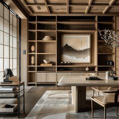 a dining room with wooden shelves and chairs