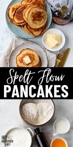 pancakes with butter and syrup on the side are shown in this collage for breakfast