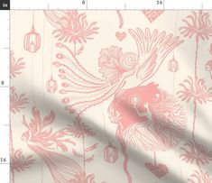 a pink and white wallpaper with an image of a bird on it's back